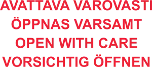 Avattava varovasti teippi neljällä eri kielellä Avattava varovasti teippi neljällä eri kielellä