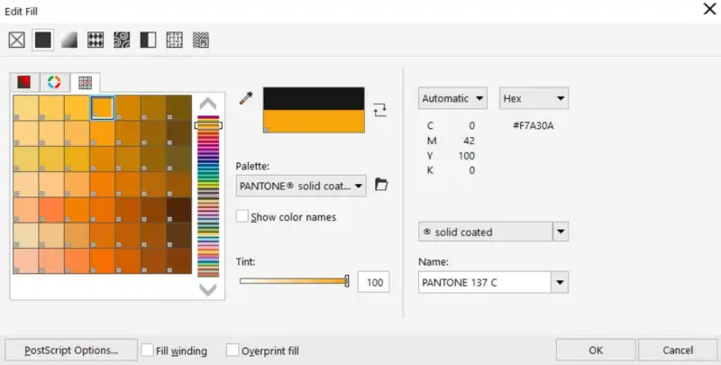 CorelDRAW Pantone Solid Coated värejä